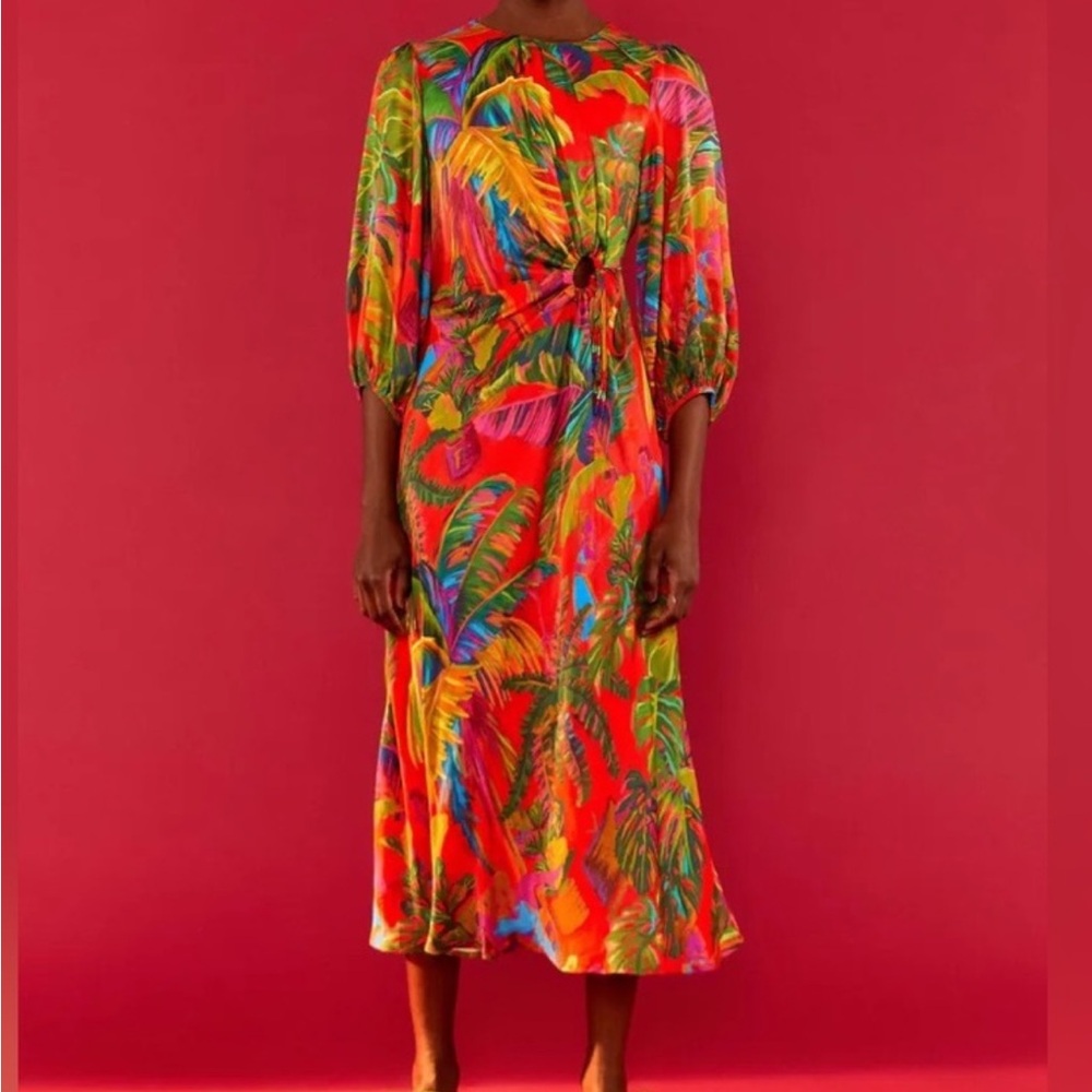 Farm Rio Red Urban Jungle Front Circle Cut Out Midi Dress